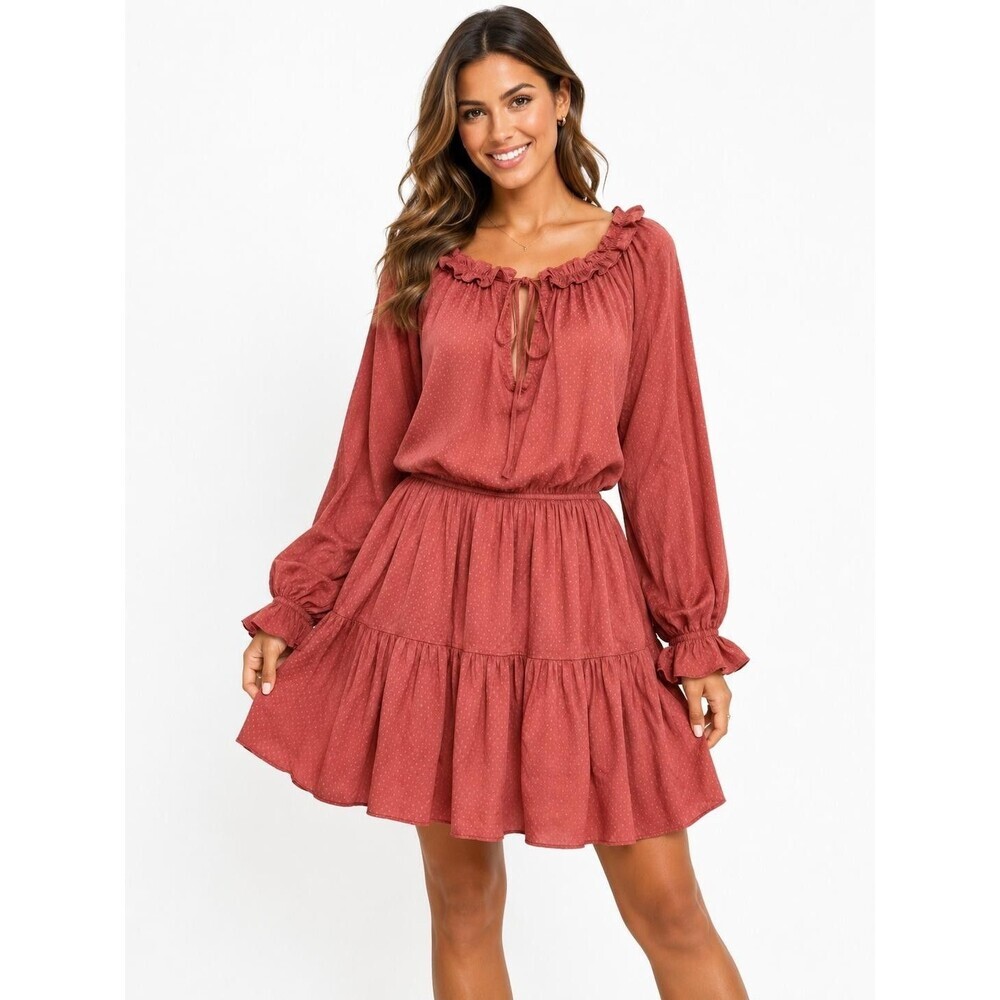 August Sky Women's Boho Ruffle Tiered Mini Dress Rose Pink Polka Dot Size L